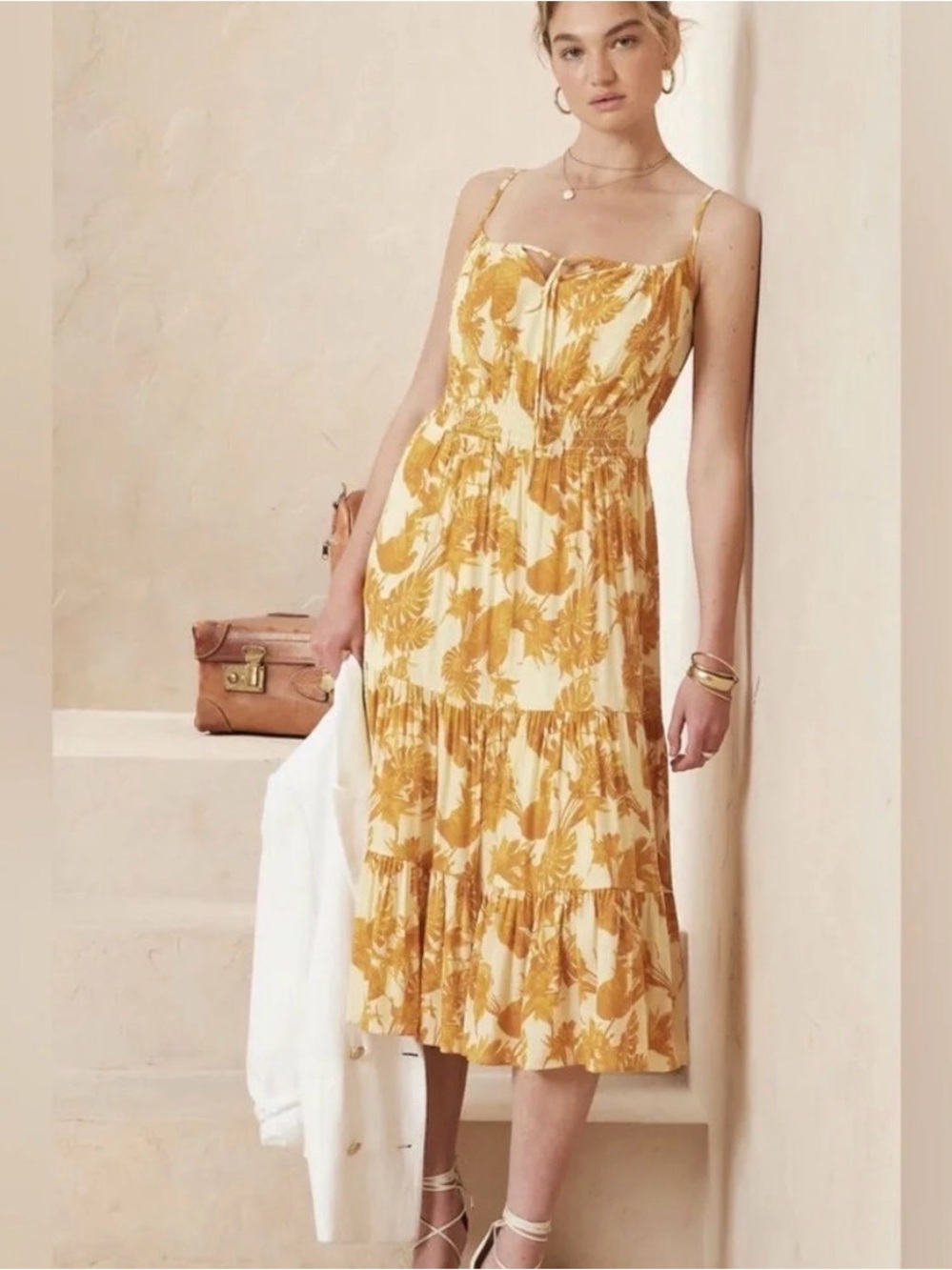 Banana Republic Yellow Floral Tiered Smocked Midi Dress